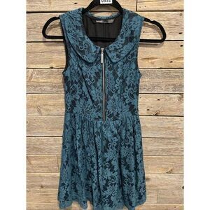 Women's Kensie Blue Green Lace Dress Peter Pan‎ Collar Front Zipper Size 2